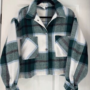 For The Republic Green & White Plaid Cropped Utility Jacket